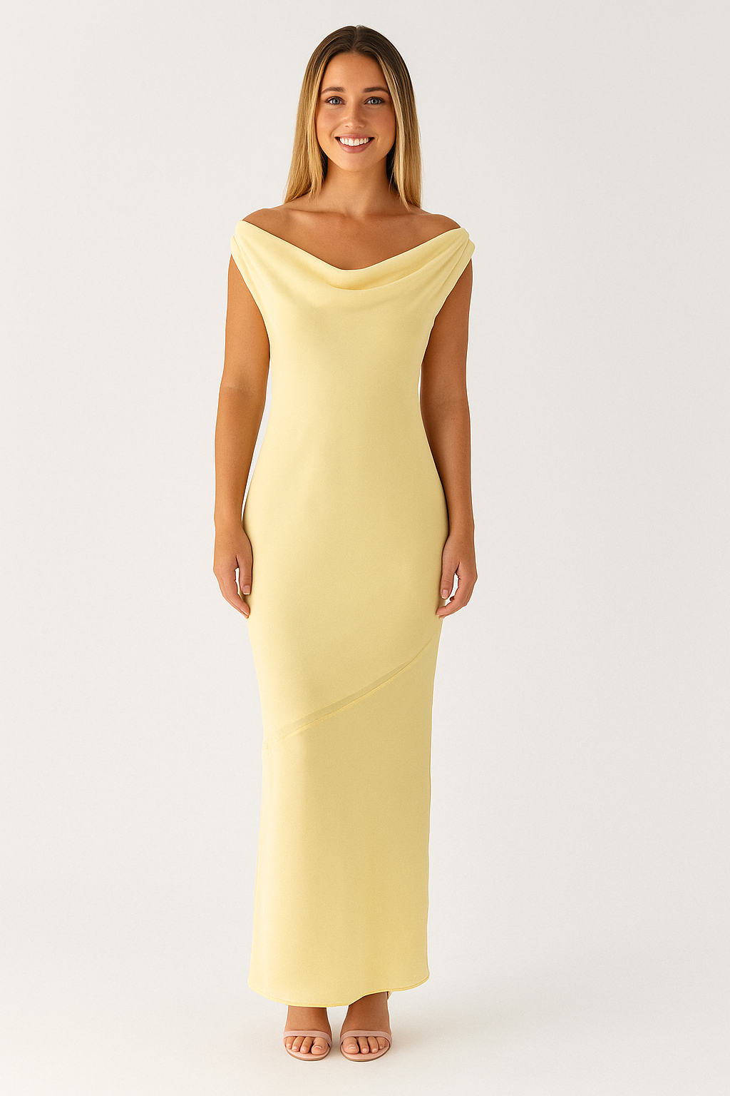 Lång damklänning med vattenfallskrage och öppen rygg