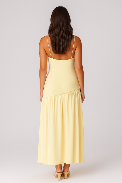 Lång gul bomullsklänning med fyrkantig halsringning